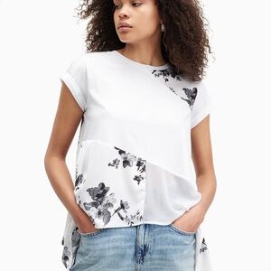 All Saints Asymmetrical Floral Print Sheer Mixed Media Tee
